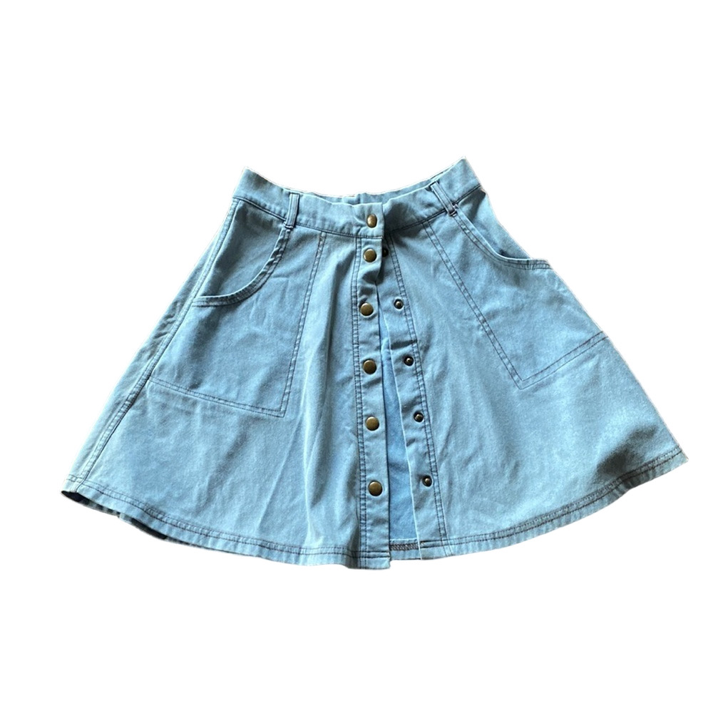 Iris Light Wash Denim Look Button Front Skirt A-Line Mini Pockets SIZE S